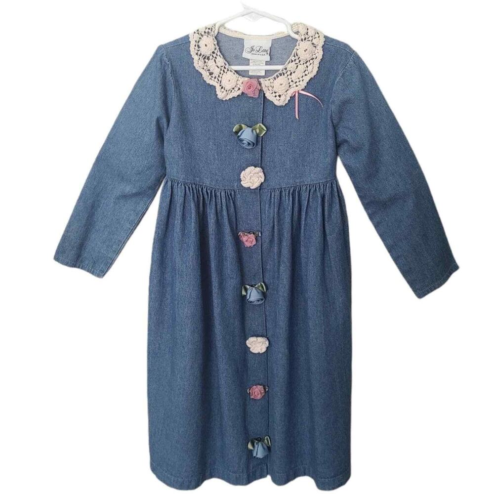 VTG Jo Lene Boho Prairie Girls Blue Dress Ribbon Buttons Crochet Lace Collar 6X